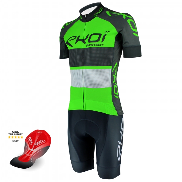 EKOI PROTECT Green fluo / Grey short sleeve jersey and Grey bib short with GEL pad bundle EKOI PROTECT Green fluo / Grey short sleeve jersey and Grey bib short with GEL pad bundle